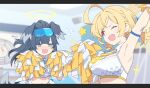  2girls absurdres ahoge animal_ears arm_up armband blonde_hair blue_archive blue_eyes blurry blurry_background blush breasts cleavage crop_top dog_ears eyewear_on_head flying_sweatdrops halo hibiki_(blue_archive) hibiki_(cheer_squad)_(blue_archive) highres holding holding_pom_poms kotori_(blue_archive) kotori_(cheer_squad)_(blue_archive) laika_(sputnik2nd) large_breasts letterboxed long_hair looking_at_another low_twintails multiple_girls nose_blush open_mouth pom_pom_(cheerleading) ponytail red_eyes shirt short_hair short_twintails sidelocks sleeveless sleeveless_shirt small_breasts smile sparkle tail twintails v-shaped_eyebrows 