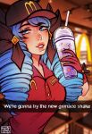  1girl black_bow black_headwear blurry blurry_background blush bow buttons cup disposable_cup drill_hair english_text glove_bow gloves green_eyes green_hair grimace_shake_(meme) gwen_(league_of_legends) hair_bow highres holding holding_cup indoors league_of_legends leaning_forward long_hair mcdonald&#039;s meme poposhirat red_gloves red_headwear red_shirt shirt smile solo swept_bangs twin_drills twintails upper_body 