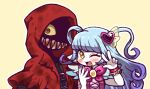  2girls ;d blood blood_on_mask blue_hair breasts capelet colored_sclera commentary_request eyes_in_shadow gradient_hair hair_ornament hatake_shimeji heart heart_hair_ornament hood hood_up hooded_capelet little_red_riding_hooded_mercenary lobotomy_corporation long_hair mask mouth_mask multicolored_hair multiple_girls one_eye_closed open_mouth outline pink_nails pink_shirt project_moon purple_hair queen_of_hatred red_capelet shirt simple_background single_wrist_cuff small_breasts smile two_side_up white_outline wrist_cuffs yellow_background yellow_eyes yellow_sclera 