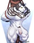  abs anthro balls felid final_fantasy final_fantasy_xiv fur genitals hrothgar kamyuelo male mammal muscular muscular_anthro muscular_male nipples pecs penis pubes runar_(ffxiv) solo square_enix striped_body striped_fur stripes vein veiny_penis 