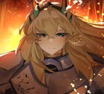  1girl armor barghest_(fate) barghest_(first_ascension)_(fate) blonde_hair blue_eyes blurry blurry_background breastplate closed_mouth crossed_bangs embers expressionless fate/grand_order fate_(series) fire hair_between_eyes heterochromia highres horns long_hair looking_at_viewer obazzotto orange_eyes outdoors pauldrons portrait shoulder_armor solo 