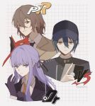  1girl 2boys adjusting_eyewear akechi_gorou alternate_hairstyle black_hair black_headwear black_jacket black_ribbon brown_hair brown_necktie buttons character_request closed_mouth collared_shirt cropped_shoulders danganronpa:_trigger_happy_havoc danganronpa_(series) danganronpa_v3:_killing_harmony gloves grey_shirt hair_between_eyes hair_ribbon highres holding holding_mask holding_tablet_pc jacket kirigiri_kyoko looking_at_viewer mask mask_removed multiple_boys necktie persona persona_5 purple_gloves purple_hair ribbon sai_(saee53) saihara_shuichi shirt tablet_pc white_background 