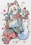  1girl animal_ears autumn_leaves ballpoint_pen_(medium) black_skirt character_name closed_mouth doggo_1d34 full_body geta hat hatching_(texture) highres inubashiri_momiji long_sleeves medium_hair red_eyes red_headwear red_skirt shirt signature sitting skirt solo tail tengu-geta tokin_hat touhou traditional_media two-tone_skirt white_background white_hair white_shirt wolf_ears wolf_girl wolf_tail 