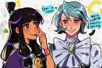  2girls :p ace_attorney black_hair blue_eyes blue_hair blunt_bangs blush_stickers brooch brown_eyes commentary earrings english_commentary english_text franziska_von_karma hair_tubes half_updo highres huyandere jacket japanese_clothes jewelry magatama magatama_necklace maya_fey mole mole_under_eye multiple_girls necklace purple_jacket short_hair smile swept_bangs tongue tongue_out topknot 