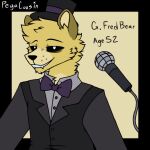  2022 adult_(lore) animatronic anthro bear black_clothing black_sclera black_suit clothing five_nights_at_freddy&#039;s fredbear_(fnaf) fur hat headgear headwear machine male mammal microphone microphone_wire model_sheet necktie pegacousin pupils purple_necktie robot scottgames singer smile smiling_at_viewer solo suit top_hat watermark white_pupils yellow_body yellow_fur 