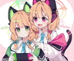  2girls animal_ear_headphones animal_ears blonde_hair blue_archive blue_necktie blush cat_tail collared_shirt fake_animal_ears green_eyes green_halo halo handheld_game_console headphones highres holding holding_handheld_game_console jacket long_sleeves midori_(blue_archive) momoi_(blue_archive) multiple_girls necktie open_mouth parted_lips peach5828 pink_halo red_eyes shirt short_hair siblings sisters smile tail twins two-sided_fabric two-sided_jacket white_jacket white_shirt wide_sleeves 