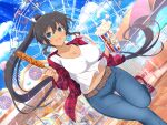  1girl amusement_park bad_link balloon belt belt_buckle black_bra black_hair blue_eyes blue_pants blue_sky blush bra breasts brown_belt bucket buckle carousel casual cleavage cloud collarbone corn_dog dark-skinned_female dark_skin day denim ferris_wheel food groin hair_ribbon high_ponytail holding holding_food homura_(senran_kagura) jacket jeans ketchup large_breasts lens_flare long_hair long_sleeves looking_at_viewer midriff midriff_peek mustard navel official_art open_mouth outdoors pants plaid plaid_jacket ponytail popcorn railing red_footwear red_jacket ribbon senran_kagura senran_kagura_new_link senran_kagura_shoujo-tachi_no_shin&#039;ei shiny_skin shirt shoelaces shoes sky smile sneakers solo standing standing_on_one_leg tan tongue underwear very_long_hair white_horse white_ribbon white_shirt yaegashi_nan 