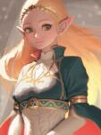  1girl artist_name bellhenge blonde_hair blue_shirt closed_mouth gold_trim green_eyes long_hair long_sleeves looking_to_the_side multicolored_clothes multicolored_shirt pointy_ears princess_zelda shirt solo the_legend_of_zelda the_legend_of_zelda:_breath_of_the_wild tiara upper_body white_shirt 