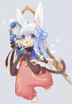  1girl barefoot blue_bow blue_capelet blue_eyes blue_flower blue_rose blush bow bowtie brown_bow brown_bowtie capelet cat_girl cat_tail commentary_request dress flower full_body furry furry_female grey_background hair_flower hair_ornament highres holding holding_scissors looking_at_viewer medium_bangs medium_hair open_mouth pi_(pyaaaro) pink_dress ragnarok_online rose scissors simple_background solo summoner_(ragnarok_online) tail vambraces white_hair 