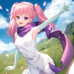  1girl :d arm_up armpits bare_shoulders blue_sky cloud commentary cowboy_shot day dress elbow_gloves fire_emblem fire_emblem:_the_blazing_blade gloves highres jurge long_hair looking_at_viewer outdoors pink_hair purple_eyes purple_scarf scarf serra_(fire_emblem) sky sleeveless sleeveless_dress smile solo standing twintails white_gloves 