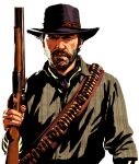  1boy arthur_morgan bandolier collared_shirt cowboy_hat facial_hair green_shirt gun hat highres holding holding_gun holding_weapon male_focus official_art red_dead_redemption_2 shell shirt simple_background solo stubble transparent_background upper_body weapon 