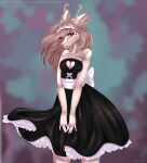  &lt;3 abstract_background absurd_res anthro black_clothing black_dress bottomwear bow_ribbon breasts brown_hair cleavage cleavage_cutout clothed clothing clothing_lift deer dress female female_focus frilly frilly_clothing hair hi_res horn inner_ear_fluff laces lettie_(vixym) long_ears long_hair looking_at_viewer maid_headdress maid_uniform mammal nikolkaart pink_body pink_eyes shy skirt skirt_lift solo tuft uniform 