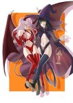  2girls alternate_costume ass_visible_through_thighs black_eyes black_hair boots braid breasts cape commission demon_girl demon_wings elbow_gloves fire_emblem fire_emblem_awakening gloves halloween halloween_costume hat highres holding_hands horns long_hair looking_at_viewer medium_breasts multiple_girls olivia_(fire_emblem) open_mouth orange_background pelvic_curtain pink_eyes pink_hair pomelomelon ponytail revealing_clothes smile tharja_(fire_emblem) thighhighs twin_braids wings witch witch_hat 