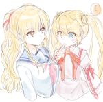  ... 2girls angel_beats! arrow_(symbol) blonde_hair blue_eyes blue_sailor_collar blunt_bangs blush_stickers breast_envy breasts brown_eyes choker color_connection commentary_request company_connection crossover eyelashes eyes_visible_through_hair finger_to_mouth hair_between_eyes hair_color_connection hair_ribbon hairstyle_connection hand_up heterochromia highres index_finger_raised juliet_sleeves kazamatsuri_institute_high_school_uniform key_(company) long_hair long_sleeves look-alike looking_at_breasts medium_breasts multiple_girls nakatsu_shizuru neck_ribbon neckerchief open_mouth pink_neckerchief puffy_sleeves red_ribbon rewrite ribbon ribbon-trimmed_sleeves ribbon_trim sailor_collar school_uniform shinda_sekai_sensen_uniform shirt sidelocks simple_background sketch small_breasts speech_bubble spoken_ellipsis twintails upper_body white_background white_shirt wide_sleeves yellow_eyes yusa_(angel_beats!) zuzuhashi 