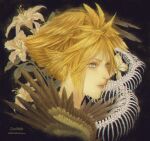  1boy animal_skeleton black_background blonde_hair blue_eyes brown_feathers brown_wings cloud_strife expressionless feathered_wings feathers final_fanatsy_vii final_fantasy flower head_wings highres male_focus portrait ry1115275908 short_hair skeleton snake solo spiked_hair white_flower wings 