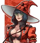  1girl black_choker black_hair breasts choker cleavage green-tinted_eyewear guilty_gear guilty_gear_strive hat i-no large_breasts looking_at_viewer mole mole_above_mouth mori_no_yousei red_eyes red_headwear red_leather red_lips short_hair sunglasses tinted_eyewear venus_symbol witch_hat 