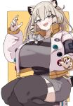  1girl :d absurdres animal animal_ear_fluff animal_ears animal_on_chest arknights black_nails black_thighhighs blush border breast_strap breasts cat commentary crop_top crop_top_overhang dot_nose feet_out_of_frame grey_shirt hair_between_eyes hair_ornament hairclip highres huge_breasts jacket light_brown_hair long_sleeves looking_at_animal looking_at_viewer medium_hair open_clothes open_hands open_jacket open_mouth outside_border puffy_long_sleeves puffy_sleeves purple_eyes shirt simple_background smile solo squatting tail thick_eyelashes thick_thighs thighhighs thighs torso_(hjk098) utage_(arknights) whiskers white_border yellow_background 