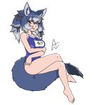  1girl acesrulez animal_ear_fluff animal_ears bare_legs bare_shoulders blue_hair blue_one-piece_swimsuit blush breasts commentary dire_wolf_(kemono_friends) extra_ears full_body kemono_friends large_breasts long_hair looking_at_viewer multicolored_hair name_tag one-piece_swimsuit open_mouth school_swimsuit simple_background smile solo swimsuit tail twintails white_hair wolf_ears wolf_girl wolf_tail 