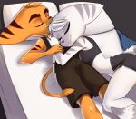  1boy 1girl black_shorts black_sports_bra brown_shorts brown_tank_top closed_eyes couple cuddling furry furry_female furry_male highres lying magaska19 on_bed pillow ratchet_&amp;_clank ratchet_(ratchet_&amp;_clank) rivet_(ratchet_&amp;_clank) shorts sleeveless sports_bra tank_top 