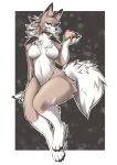  2023 absurd_res anthro blue_eyes border breasts claws digital_media_(artwork) featureless_breasts feet female finger_claws fingers food fur generation_7_pokemon hi_res holding_food holding_object lycanroc midday_lycanroc mocha-wing multicolored_body multicolored_fur nintendo pecha_berry pokemon pokemon_(species) pokemon_berry smile solo tail toe_claws toes two_tone_body two_tone_fur white_border 