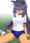  alternate_costume animal_ears blue_hair breasts brown_eyes buruma commentary_request dark-skinned_female dark_blue_hair dark_skin fang grass gym_uniform hair_between_eyes hair_ornament hairclip heavy_breathing highres hishi_amazon_(umamusume) horse_ears large_breasts looking_at_viewer mocchisake open_mouth shoes sweat umamusume wedgie white_background 