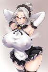  1girl armpits arms_behind_head arms_up black_thighhighs breasts commentary_request covered_navel covered_nipples cowboy_shot elbow_gloves frilled_skirt frills glasses gloves gradient_background grey_background grey_hair hair_bun highres huge_breasts last_origin looking_at_viewer maid maid_headdress nkis45912708 prototype_labiata skirt smile solo standing steaming_body sweat taut_clothes thighhighs thighs 