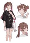  ! !! 1girl animal_bag bandaid bandaid_on_leg bare_legs black_shirt blunt_bangs blush brown_hair colored_inner_hair cropped_legs daluto_(hitomi555) double_bun ear_piercing earrings hair_bun hand_up highres holding holding_phone jewelry mole mole_under_eye multicolored_hair multiple_views original phone piercing pink_eyes shark_bag shirt shorts smile t-shirt translated twintails 