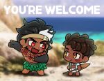  2boys :d alternate_facial_hair baptiste_(overwatch) bara beach black_hair blush blush_stickers chest_tattoo chibi couple dark-skinned_male dark_skin dreadlocks elbow_gloves english_text facial_hair fang fang_out full_beard full_body gloves happy headband male_focus mature_male mauga_(overwatch) multiple_boys muscular muscular_male mustache overwatch overwatch_2 pectorals red_eyes shoulder_tattoo size_difference smile standing tattoo thick_eyebrows thre_shar topless_male undercut v-shaped_eyebrows yaoi 