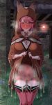  1girl absurdres condom disguised_pyra_(xenoblade) eruu_(eruuman) female_pubic_hair highres hood hood_up licking_lips looking_at_viewer navel outdoors pubic_hair pussy pussy_juice pyra_(xenoblade) red_eyes red_hair short_hair solo sweat tally tongue tongue_out used_condom xenoblade_chronicles_(series) xenoblade_chronicles_2 