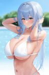  1girl bare_arms bikini blue_hair blue_sky blurry blurry_background breasts cleavage closed_mouth collarbone futon_fly_away green_eyes highres large_breasts mole mole_under_eye navel original sky smile solo stomach swimsuit upper_body wet wet_hair white_bikini 