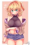  1girl arm_under_breasts black_sports_bra blonde_hair blue_shorts blush breasts brown_background brown_shirt buttons closed_mouth commentary_request cowboy_shot frown green_eyes hair_between_eyes half_updo highres kemo_chiharu looking_at_viewer medium_bangs medium_breasts medium_hair midriff mizuhashi_parsee navel off_shoulder pointy_ears shirt short_ponytail short_shorts shorts solo sports_bra touhou two-tone_background v-shaped_eyebrows 