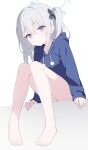  1girl barefoot blue_archive blue_halo blue_hoodie grey_hair halo highres hood hoodie jyt long_hair long_sleeves looking_at_viewer miyako_(blue_archive) parted_lips purple_eyes side_ponytail simple_background solo white_background 