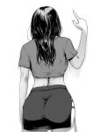  1girl arm_up ass back beckoning black_hair black_skirt cowboy_shot crop_top cross-laced_slit from_behind greyscale highres kurofood long_hair miniskirt monochrome original pointing pointing_up shirt short_sleeves side_slit skirt solo t-shirt white_background 