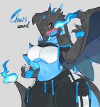  anthro big_breasts black_body black_bottomwear black_clothing black_hair black_scales blue_body blue_scales bottomwear breasts claws cleavage clothed clothing dragon female fingers fire flaming_tail hair hi_res long_hair mega_charizard mega_charizard_x mega_evolution membrane_(anatomy) membranous_wings navel nintendo open_mouth pokemon pokemon_(species) red_eyes scales scalie solo tail thick_thighs togetoge tongue tongue_out wings 