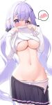  1girl ahoge areola_slip ass_visible_through_thighs azur_lane blush breasts clothes_lift clothes_pull cowboy_shot hair_ornament hair_scrunchie highres humo large_breasts lifted_by_self low_twintails navel no_bra official_alternate_costume pantyhose pantyhose_pull partially_unzipped purple_eyes purple_hair scrunchie simple_background skirt skirt_pull solo speech_bubble spoken_blush standing stomach sweater sweater_lift thigh_gap thighs twintails unicorn_(azur_lane) unicorn_(long-awaited_date)_(azur_lane) white_background white_pantyhose white_sweater x_hair_ornament 
