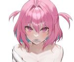  1girl alternate_hairstyle aqua_hair bare_shoulders bob_cut colored_inner_hair commentary hair_between_eyes hair_intakes hanzokanojo idolmaster idolmaster_cinderella_girls idolmaster_cinderella_girls_starlight_stage looking_at_viewer multicolored_hair off-shoulder_shirt off_shoulder pacifier pink_eyes pink_hair portrait shirt simple_background solo two-tone_hair two_side_up white_background white_shirt yumemi_riamu 