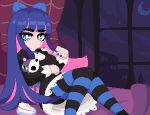  black_dress blue_bow blue_eyes blush bow cake cake_slice crescent_moon dress food fork holding holding_fork holding_stuffed_toy looking_at_viewer minimilieu moon night panty_&amp;_stocking_with_garterbelt pink_hair purple_hair purple_nails sitting stocking_(psg) striped striped_thighhighs stuffed_toy thighhighs 