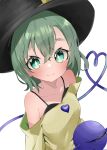  1girl adapted_costume aliz_wp514lov bare_shoulders blush bra_strap bright_pupils collarbone from_above green_eyes green_hair hair_between_eyes hat heart heart_of_string highres komeiji_koishi looking_at_viewer medium_hair off-shoulder_shirt off_shoulder petite shirt simple_background smile solo third_eye touhou white_background white_pupils yellow_shirt 