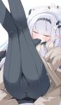  1girl blue_archive blush bodysuit cameltoe closed_eyes covered_anus ear_blush feet_out_of_frame grey_hair hair_tubes halo hand_to_own_mouth highres himari_(blue_archive) knees_together_feet_apart legs_up long_hair lying mikozin mole mole_under_eye on_back pointy_ears simple_background solo sweatdrop very_long_hair wheelchair white_background 