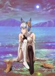  1girl absurdres animal_ears black_thighhighs blunt_bangs breasts cat_ears chromatic_aberration clip_studio_paint_(medium) commentary_request detached_sleeves dress ebata_kyouhei full_body full_moon granblue_fantasy highres jpeg_artifacts korwa long_hair looking_to_the_side medium_breasts moon mountain shoes sidelocks sitting sky solo thighhighs unworn_shoes white_dress 