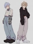  2boys a3! absurdres black_footwear black_hoodie blonde_hair closed_mouth crop_top earrings green_eyes grey_hair grey_pants highres hood hoodie ikaruga_misumi jewelry jijii_(chang_g) long_sleeves male_focus midriff miyoshi_kazunari multiple_boys navel orange_eyes pants shirt short_hair stomach triangle-shaped_pupils white_footwear white_shirt 