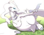  7nulls absurd_res ambiguous_gender blue_eyes chest_tuft claws crotch_tuft fur generation_5_pokemon grass_field hi_res legendary_pokemon lying nintendo on_side pokemon pokemon_(species) reshiram semi-anthro simple_background solo tuft white_body white_fur winged_arms wings 