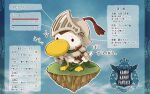  bird blue_sky cloud commentary_request duck floating_island full_body gobaku_no_hito health_bar helmet knight no_humans original plume sky solo spring_onion stats translation_request 