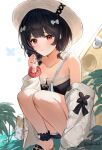 1girl absurdres anklet bag bare_shoulders black_hair black_shirt black_shorts blush breasts cleavage clenched_hand closed_mouth clothes_down collarbone granblue_fantasy hair_ornament hat highres jacket jewelry looking_at_viewer nakonbu plant pom_pom_(clothes) pom_pom_hair_ornament red_eyes sandals scrunchie shirt short_hair shorts shoulder_bag small_breasts solo squatting strapless strapless_shirt sun_hat twitter_username vikala_(granblue_fantasy) vikala_(summer)_(granblue_fantasy) white_jacket wrist_scrunchie 