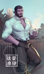  1boy absurdres against_fence baimeme bara beard bulge bursting_pectorals collared_shirt colored_skin commission cup facial_hair feet_out_of_frame fence hair_slicked_back hand_in_pocket highres holding holding_cup large_pectorals looking_at_viewer male_focus mature_male mug muscular muscular_male mustache oc_(eros-cogito) original partially_unbuttoned pectoral_cleavage pectorals pointy_ears purple_eyes purple_skin shirt short_hair sleeves_rolled_up soccer solo standing thick_eyebrows thick_thighs thighs 