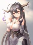  1girl antenna_hair bandages black_hair breasts cleavage collarbone crescent danua draph dress fingerless_gloves gloves granblue_fantasy hair_between_eyes haneruhitsuji horn_ornament horns jewelry large_breasts long_hair looking_at_viewer necklace pointy_ears red_eyes simple_background smile solo very_long_hair white_dress 