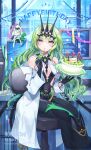  2girls black_dress black_gloves breasts cake chair character_name commentary_request dress feet_out_of_frame food fork gloves green_hair hair_between_eyes happy_birthday highres holding holding_fork holding_plate honkai_(series) honkai_impact_3rd indoors klein_(honkai_impact) lab_coat long_hair long_sleeves mobius_(honkai_impact) monitor multiple_girls office_chair on_chair open_clothes plate red_eyes sasame_yuuki sitting small_breasts swivel_chair twitter_username very_long_hair 