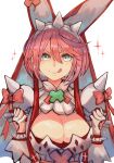  1girl ahoge animal_ears blue_eyes blush bow bracelet breasts bridal_veil cleavage cleavage_cutout clothing_cutout clover dress elphelt_valentine four-leaf_clover guilty_gear guilty_gear_xrd hair_between_eyes hairband highres huge_ahoge jewelry large_breasts levvellevvel looking_at_viewer pink_bow pink_hair rabbit_ears short_hair simple_background solo sparkle spiked_bracelet spiked_hairband spikes tongue tongue_out upper_body veil wedding_dress white_background 