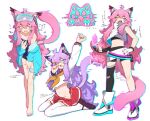  1girl absurdres ai.mi_(omega_strikers) alternate_costume animal_ears ascot blue_eyes boots brown_footwear cat_ears cat_tail collared_shirt earbuds earphones gloves hair_between_eyes heterochromia highres looking_at_viewer omega_strikers one-piece_swimsuit pink_hair shirt simple_background single_leg_pantyhose skirt solo swimsuit tail thighhighs undressing white_background white_thighhighs yellow_ascot yellow_eyes zizi_niisan 