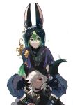  2boys animal_ear_fluff animal_ears animal_hood black_hair blue_eyes blue_hoodie blue_pants closed_mouth cyno_(genshin_impact) drawstring flower fox_ears fox_tail genshin_impact green_hair highres hood hood_down hoodie jackal_ears multicolored_hair multiple_boys pants red_eyes simple_background sitting_on_shoulder streaked_hair tail tighnari_(genshin_impact) white_background white_hair xr_arrow yellow_flower 